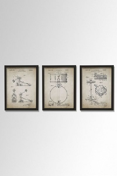 Dekor Loft Pictură murală pentru cameră muzicală cu cadru de pin natural Tamburină antică - Cymbal - Patent de tobă 1939