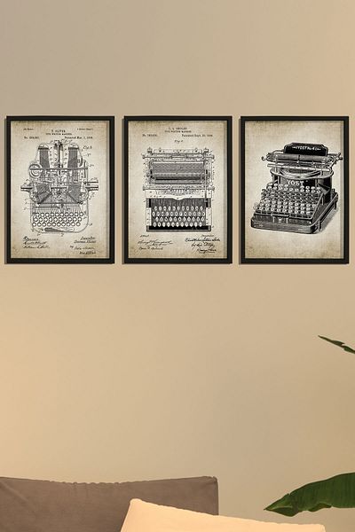 Dekor Loft Pictură de perete cu cadru de pin natural Patent de mașină de scris antică Set de 3 picturi 1896