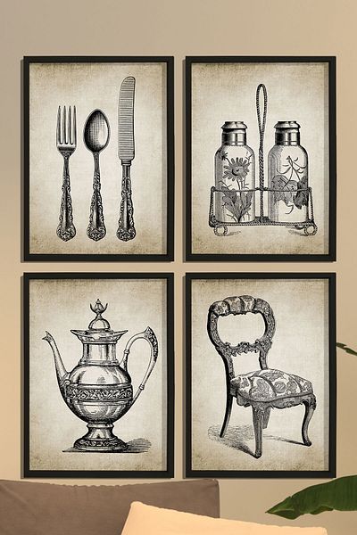 Dekor Loft Sufragerie din lemn natural Set de pictură antică din 4 piese
