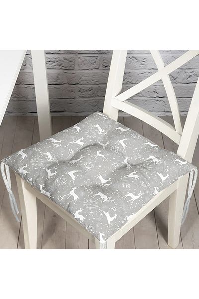 Realhomes Digital Printed Fluffy Chair Cushion with Gray Floor Deers and Snowflakes Design