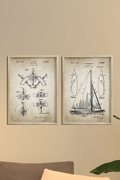 Dekor Loft Pictură de perete pentru cameră de marinar cu cadru de pin natural Patent pentru barca cu pânze și cârmă