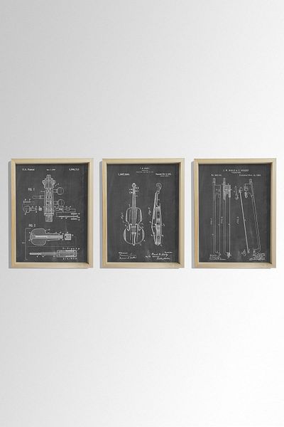 Dekor Loft Pictură murală pentru cameră muzicală cu cadru natural de pin Set de brevete cu design vioară antică 1893