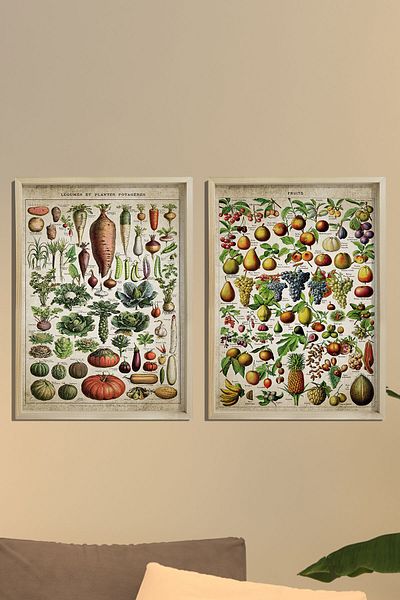 Dekor Loft Tablou de perete de bucătărie cu ramă de pin natural Fructe antice - Legume și nume