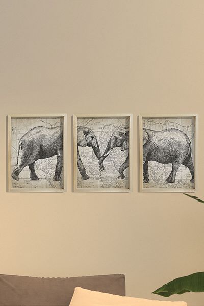 Dekor Loft Pictură de perete cu cadru de pin natural elefant antic și artă hartă