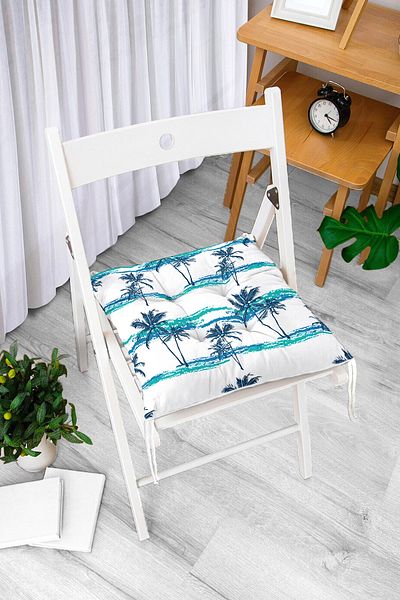 Realhomes Blue Green Palm Drawing Fluffy Square Chair Cushion