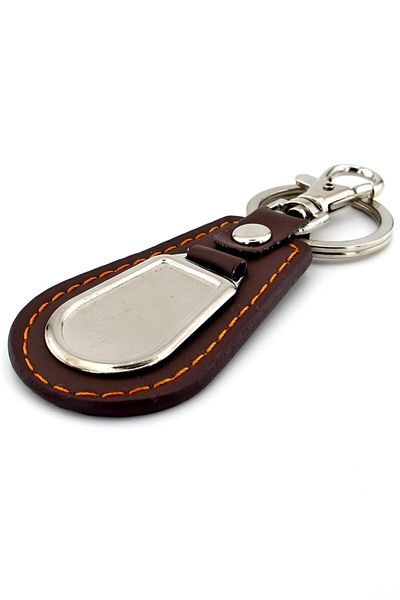 Solfera Brown Leather Drop Model Metal Plate Keychain