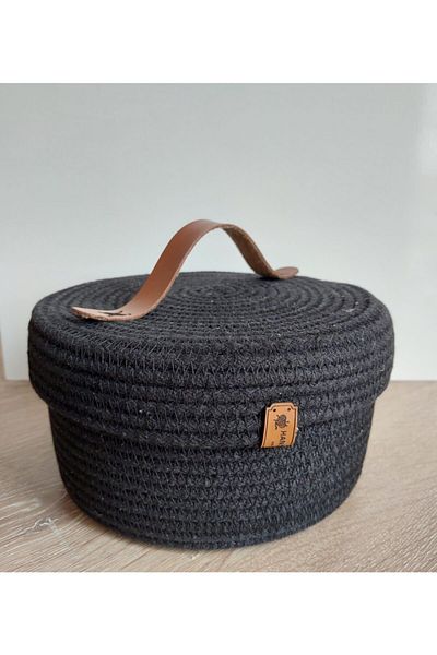 HandmadeSNM Cotton Black Basket with Lid - Decorative Design