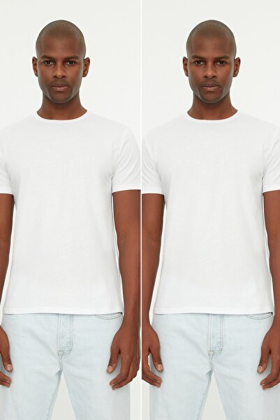 Trendyol Collection Fehér Slim/Skinny Fit Basic 100% pamut 2 csomagos Crew nyakú rövid ujjú póló TMNSS19BO0071