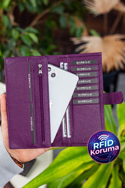Garbalia Albert Genuine Leather RFID Blocking Purple Unisex Wallet with Phone Compartment