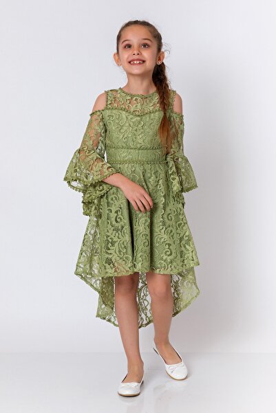 incity Kız Çocuk Güpür Detaylı Haki Yeşili Elbise