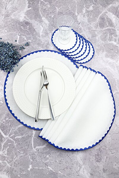 WEARE2 Set de 12 piese cu broderie rotundă de culoare albastră, șervețele ame...