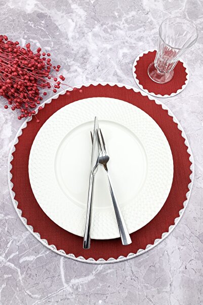 WEARE2 Set de 2 piese, rotund, brodat, de culoare burgundă, șervețel american...