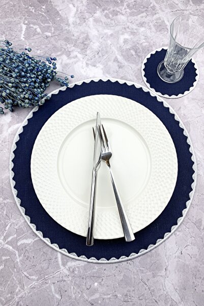 WEARE2 Set de 2 piese, rotund, brodat, de culoare bleumarin, șervețel america...