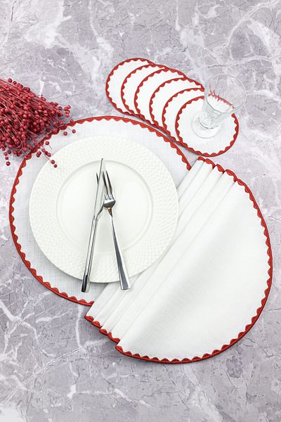 WEARE2 Red Colored Round Embroidered 12 Piece Set Placemat And Cocktail Napkin Placemat