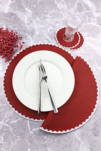 WEARE2 Set de 4 piese brodate rotunde de culoare burgundy, șervețele american...