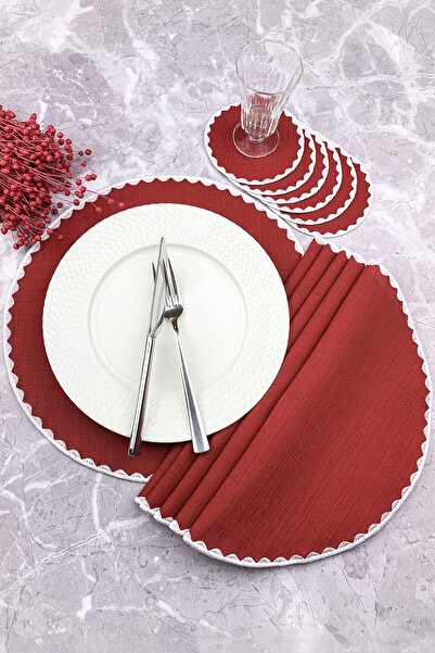 WEARE2 Set de 12 piese brodate rotunde de culoare burgundy, șervețele america...