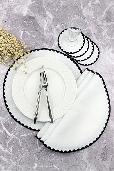 WEARE2 Set de 8 piese cu broderie rotundă de culoare neagră, șervețele americ...