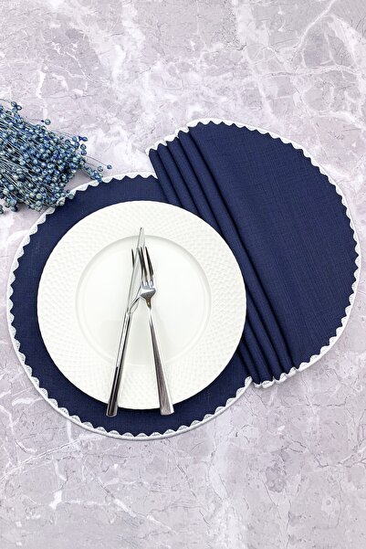 WEARE2 Set de 6 piese americane, rotunde, brodate, de culoare bleumarin