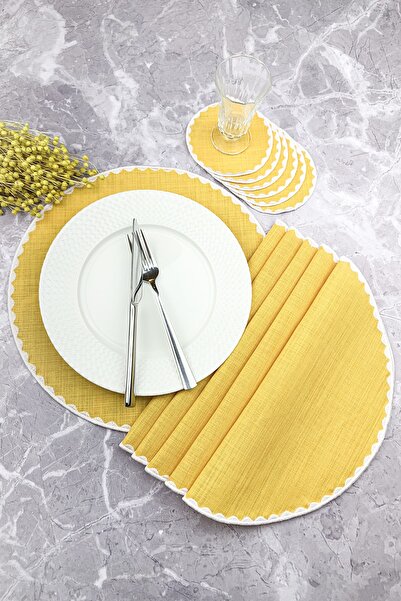 WEARE2 Set de 12 piese cu broderie rotundă de culoare muștar, șervețele ameri...