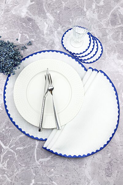 WEARE2 Set de 8 piese cu broderie rotundă de culoare albastră, șervețele amer...