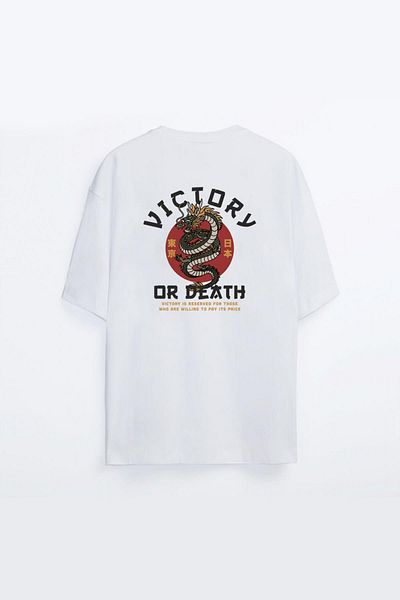 Oksit Tricou supradimensionat unisex alb cu imprimeu Dragon Victory