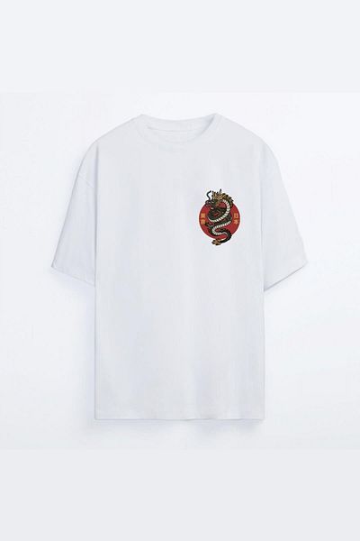 Oksit Tricou supradimensionat unisex alb cu imprimeu Dragon Victory