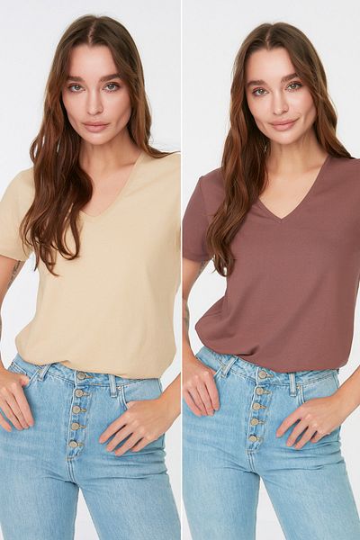 Trendyol Collection Brązowo-beżowy T-shirt z dzianiny z dekoltem w serek, 2 sztuki