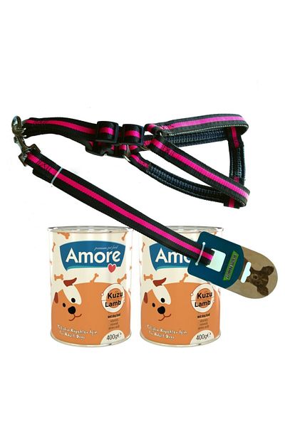 AMORE Linea Comfort Dog Collar and Walking Strap Set Medium + Canned with Lamb Meat 2x400g