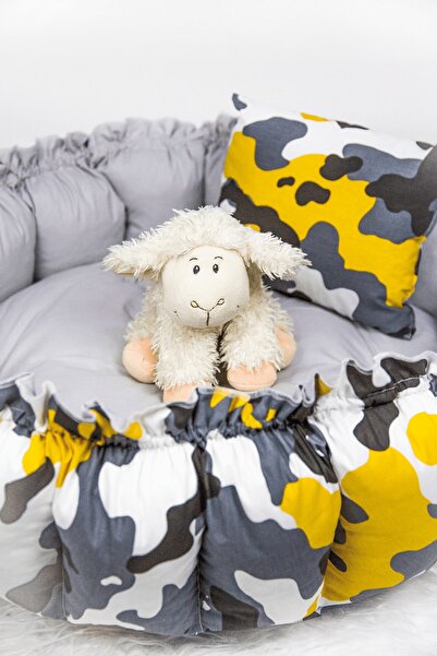 Babynest Yuvarlak Yatak - Oyun Minderi ve Yastığı Kamuflaj Gri