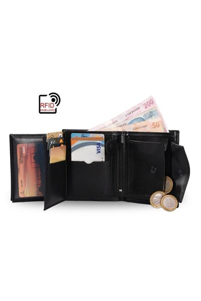 Walle's Polo Men's Model Sports Classic Black Two Compartment Wallet with Coin Compartment