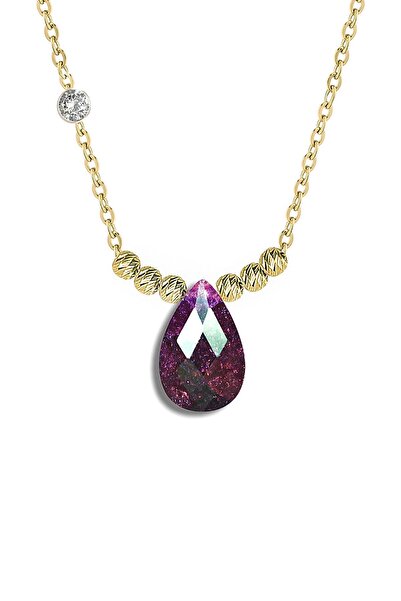 Demas Gold Pirlanta 14 Ayar Altin Dorikalı Ametist Renkli Damla Taşlı Kolye