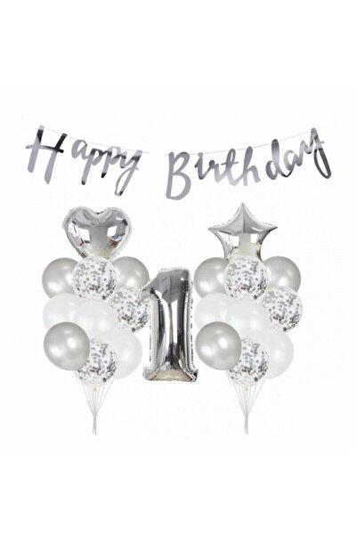 TATLI GÜNLER 1 Yaş Metalik Gümüş Kaligrafi Happy Bırthday Yazılı Gümüş Konfetili Balon Seti