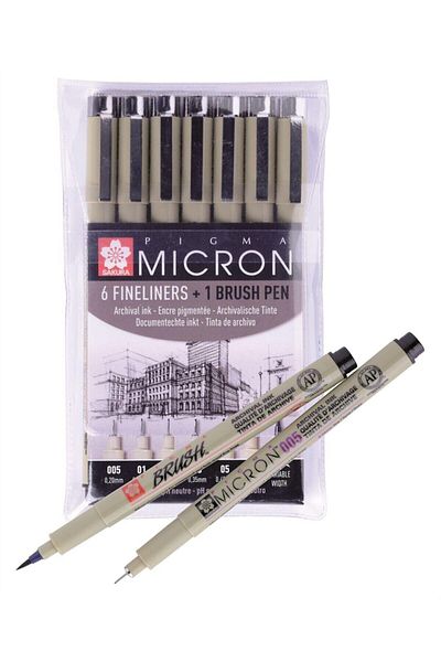 Sakura Pigma Micron Set 6 Fineliner Pens & 1 Brush Pen (black)