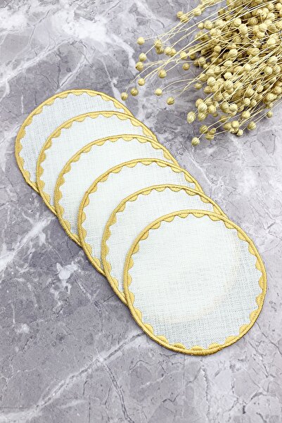 WEARE2 Set de 6 șervețele de cocktail rotunde, brodate, de culoare aurie