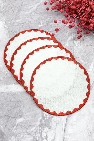 WEARE2 Șervețele de cocktail rotunde, brodate, de culoare roșie, set de 4