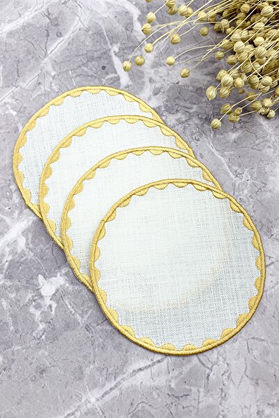 WEARE2 Șervețele de cocktail rotunde, brodate, de culoare aurie, set de 4