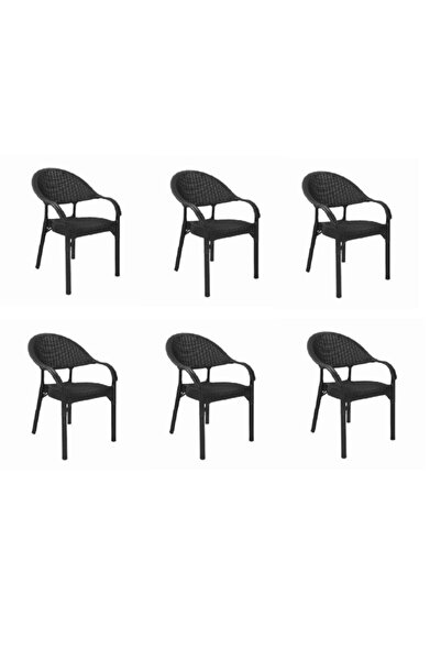 Sadık Plastik SP 6 Adet Capissi Bambu Rattan Kollu Sandalye Koltuk Siyah