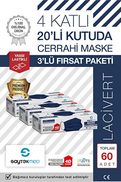 SAYTEKMED Çift Kat Meltblown / Iki Maske Gücünde 4 Katlı Lacivert Maske (60 A...
