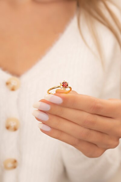 Eva Jewelry Çiçek Motifli Kırmızı Tek Taş Ayarlanabilir Kadın 14 K Gold Kapla...