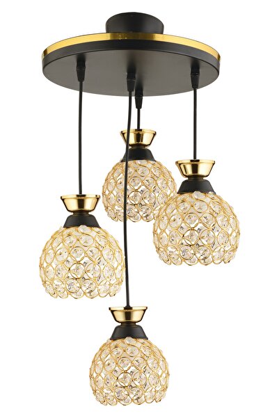 KUZEY AYDINLATMA Yağmur 4 Lü Sarkıt Siyah Gold Yaldızlıkristal Top Modern Avize