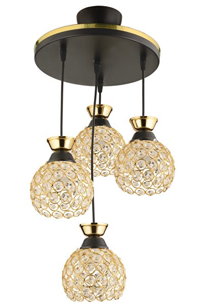 KUZEY AYDINLATMA Yağmur 4 Lü Sarkıt Siyah Gold Yaldızlıkristal Top Modern Avize