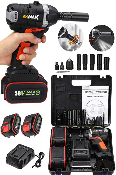 stilmax Germany Kömürsüz Çift Vuruşlu 58v 10a Çift Akülü Darbeli Somun Sökme Bijon Matkap Seti 520nm