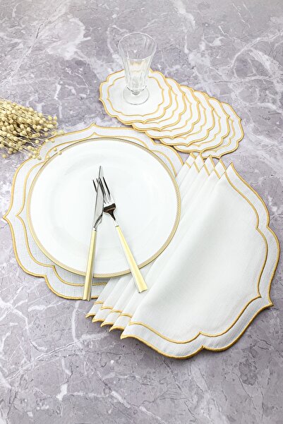 WEARE2 Gold Altın Renkli Çift Sargı Nakışlı 12 Parça Set Amerikan Servis Ve K...