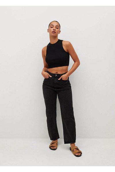 MANGO Woman Women's Black Ribbed Crop Top