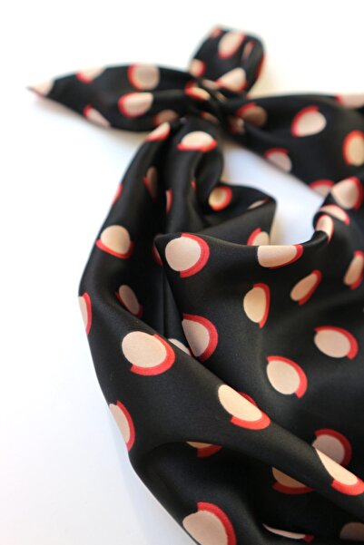 THE MOON Retro Circle Pattern Black Silk Satin Scarf