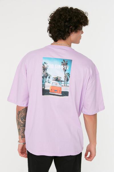 Trendyol Collection Tricou supradimensionat din bumbac cu imprimeu foto liliac - decolteu, mânecă scurtă TMNSS21TS0619