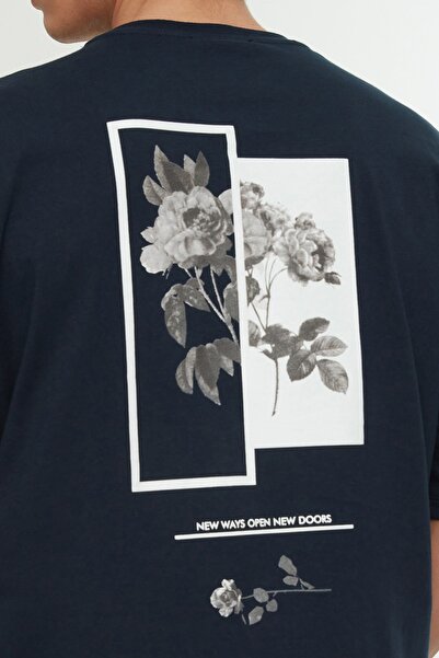 Trendyol Collection Sötétkék virágmintás túlméretezett pamut póló - TMNSS21TS1223