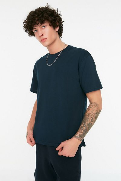 Trendyol Collection Sötétkék túlméretezett hátú nyomott pamut póló - TMNSS20TS0990