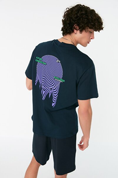 Trendyol Collection Námořnická modrá oversize bavlněné tričko se zadním potiskem - Tmnss20Ts0990
