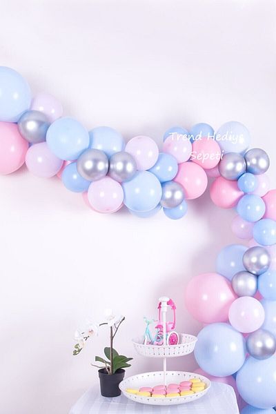 Trend Hediye Sepeti Macaron Pastel Lilac - Pink - Blue Chrome Silver Balloon Chain